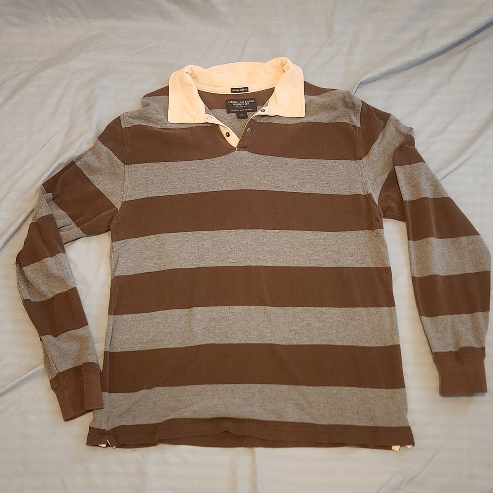 American Eagle Brown/Gray Striped Long Sleeve Polo Shirt (Mens L)